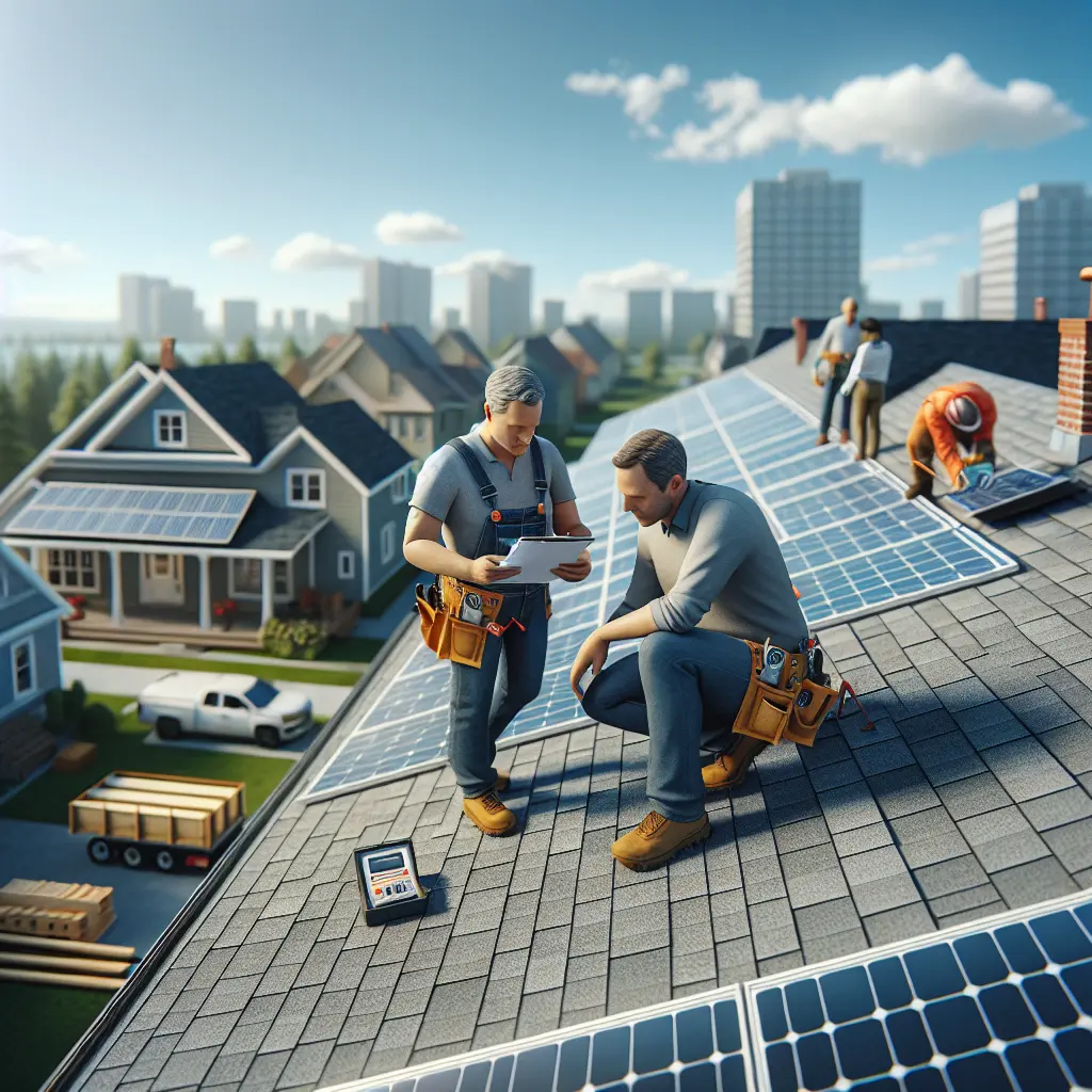 Homeowners preparing for solar panel installation, assessing roof condition and compatibility, on a residential rooftop, detailed evaluation of roof, weight, and material for solar technology integration. The image must be natural, realistic, in 2018, style raw, 8K, taken on iPhone, --ar 16:9